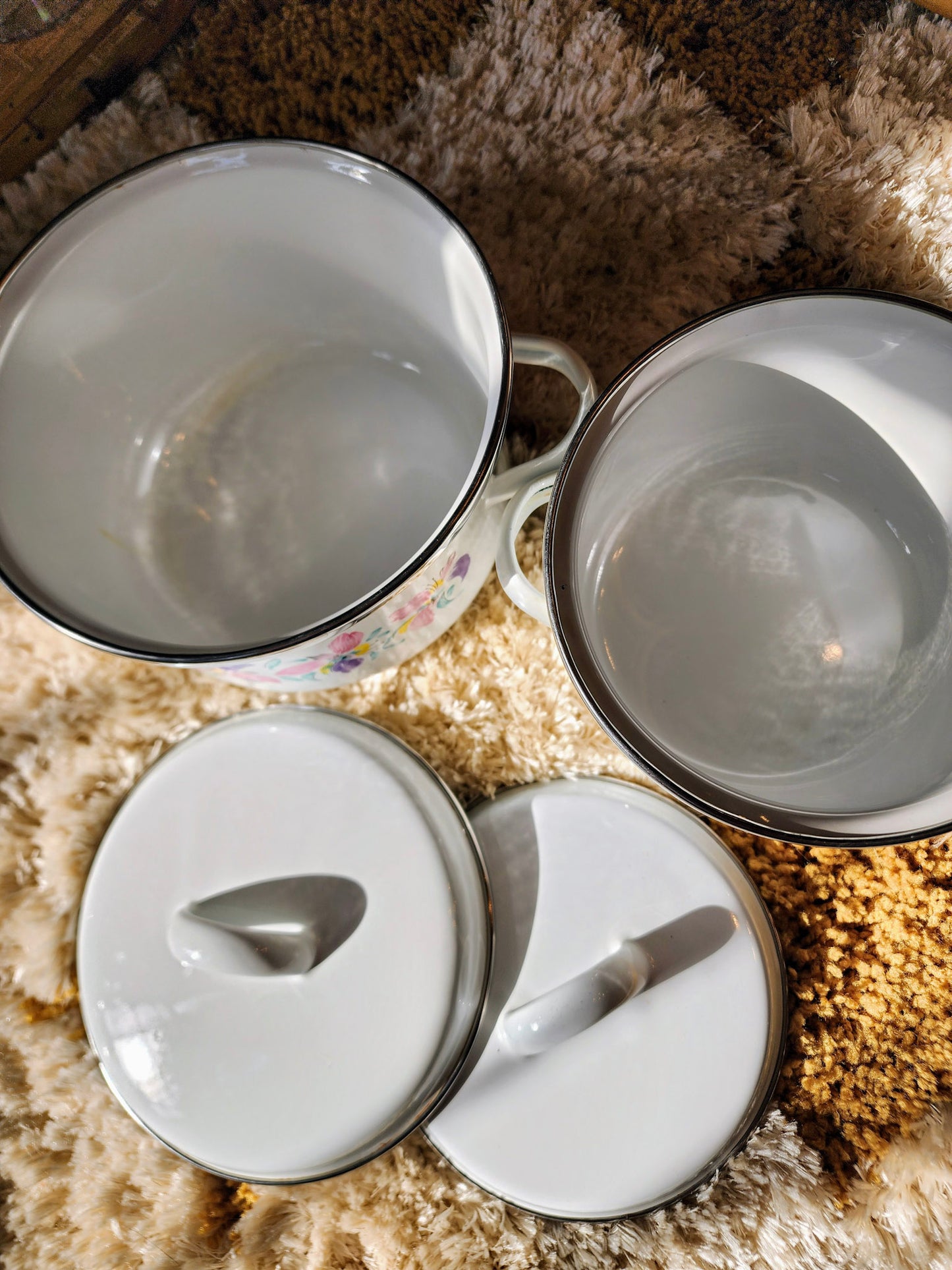 80s Vintage White Floral Enamel Cannister Pots