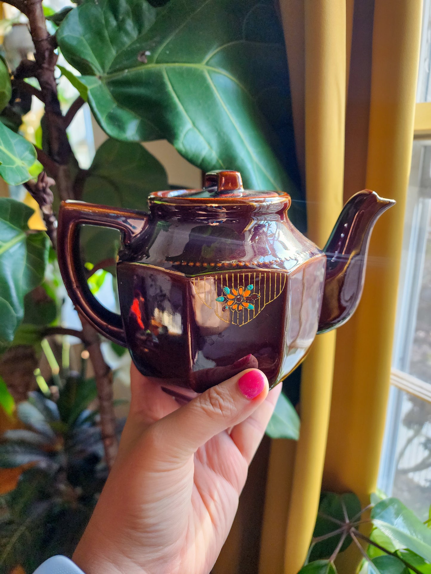Vintage Japanese Redware Hand painted Teapot
