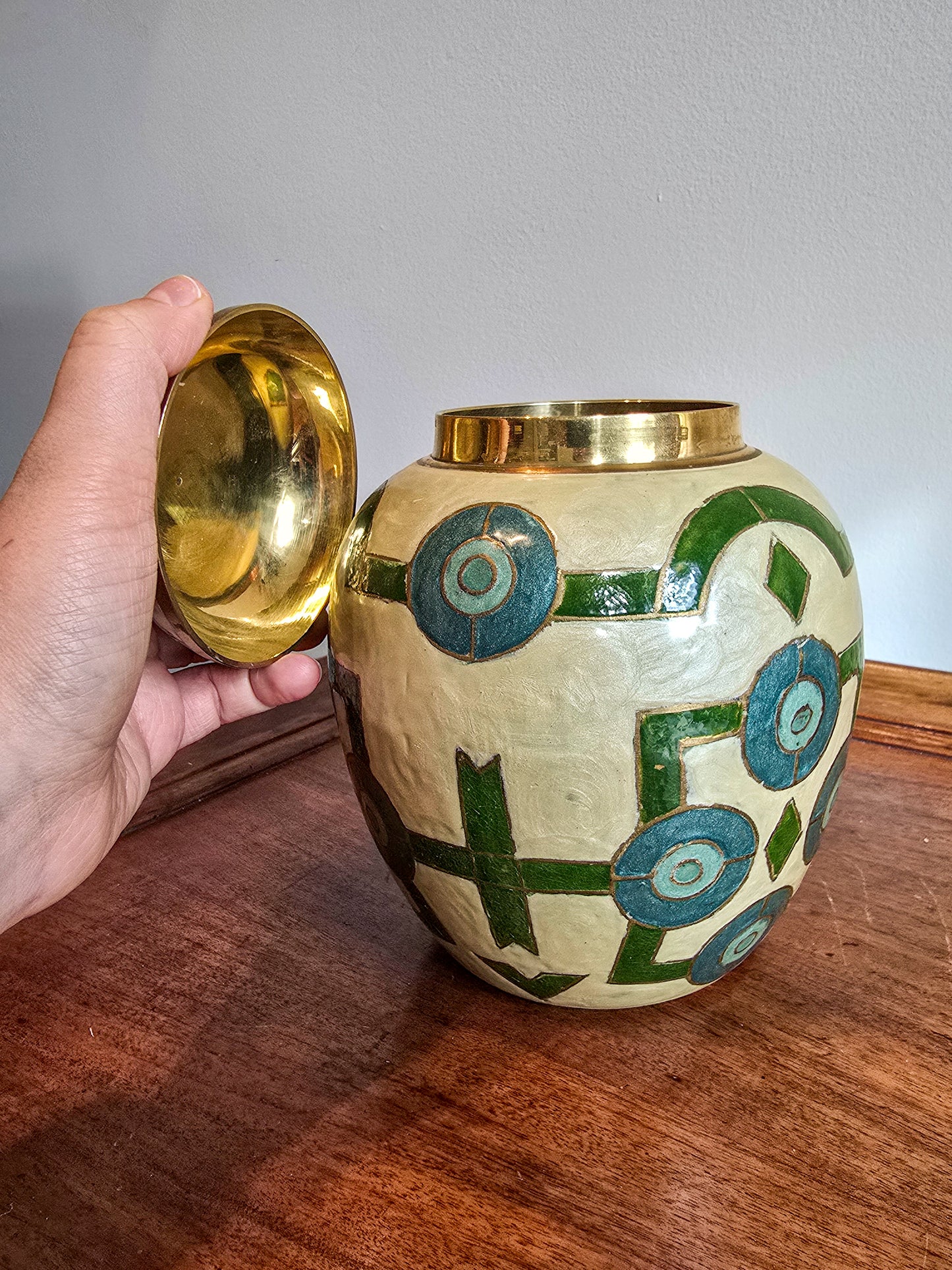 Vintage Mid-Century Indian Brass Cloisonne Urn