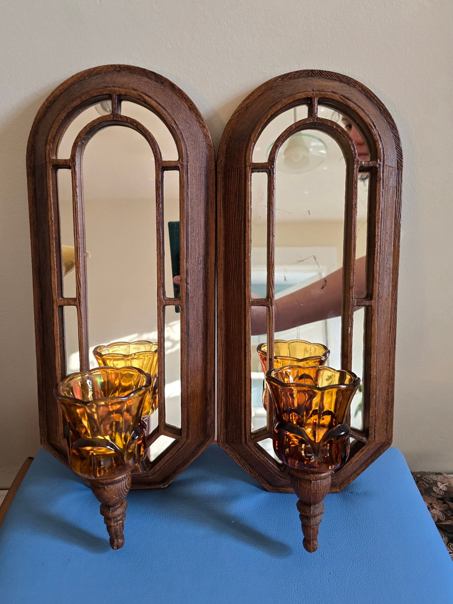 Vintage Faux Wood Wall Sconces with Amber Glass Votive Holders