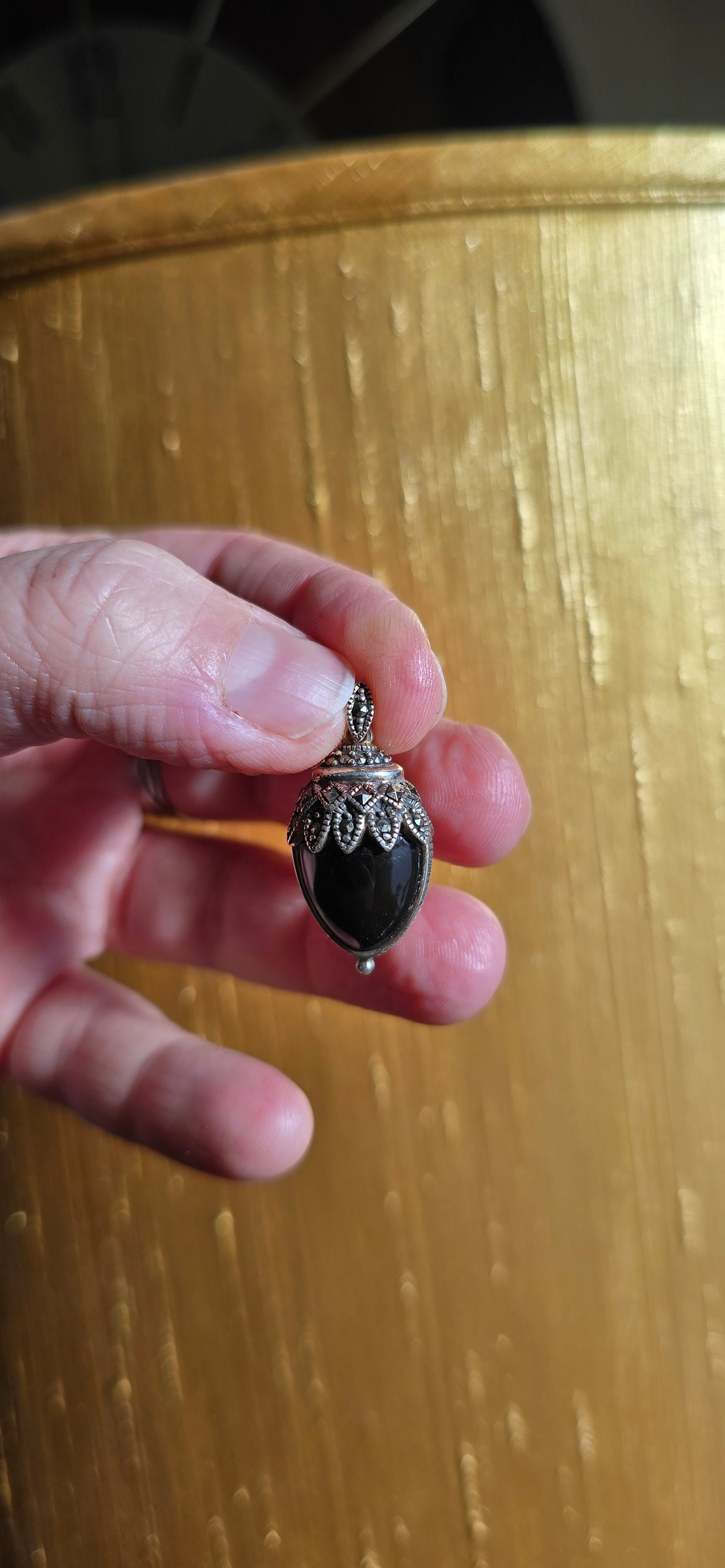 Art Deco Sterling Silver Marcasite, Black Onyx and Mother of Pearl Day and Night reversible pendant