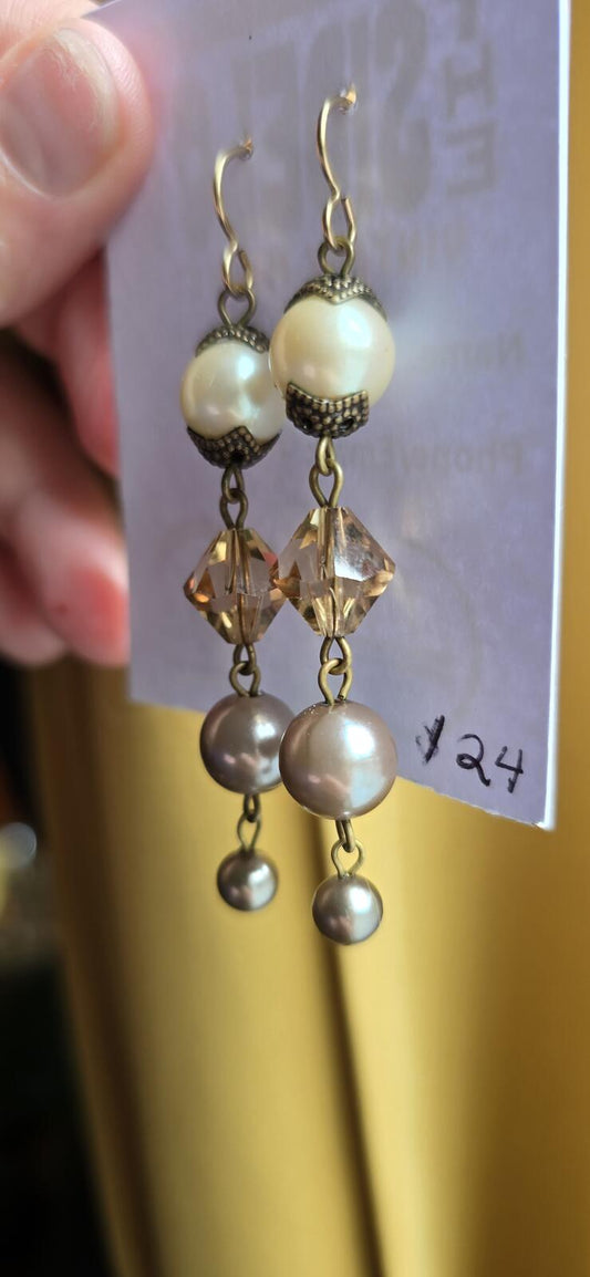 Vintage Faux Pearl and Crystal Faceted Bead Dangle Earrings