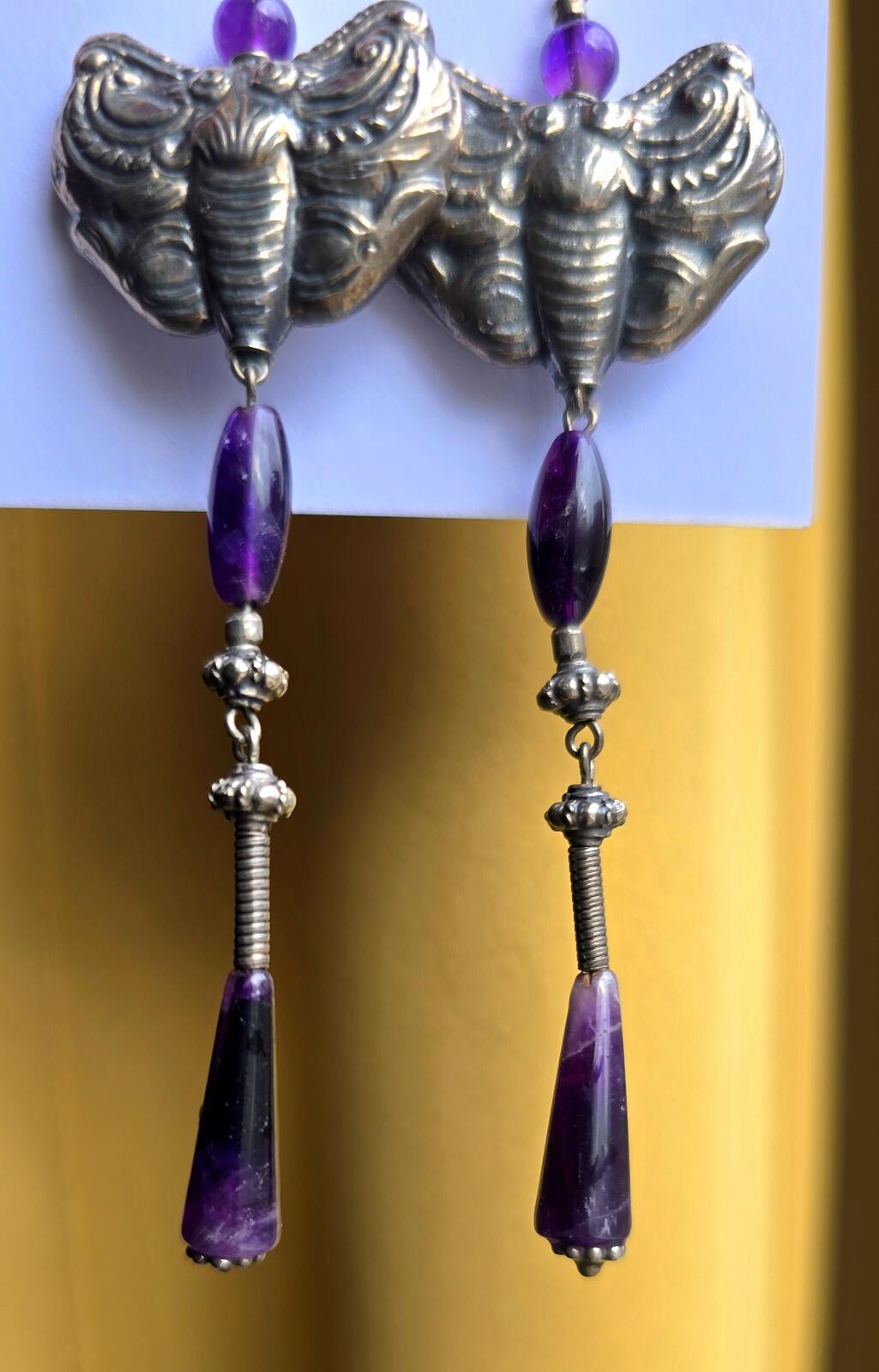 Vintage Sterling Silver Hand hammered Death Moth and Amethyst Earrings