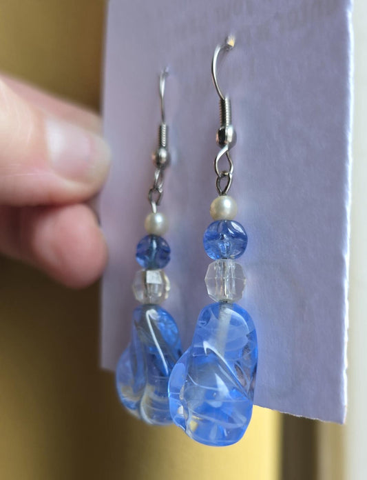 Vintage Icey Blue Glass Bead Dangle Earrings with Faux Pearl