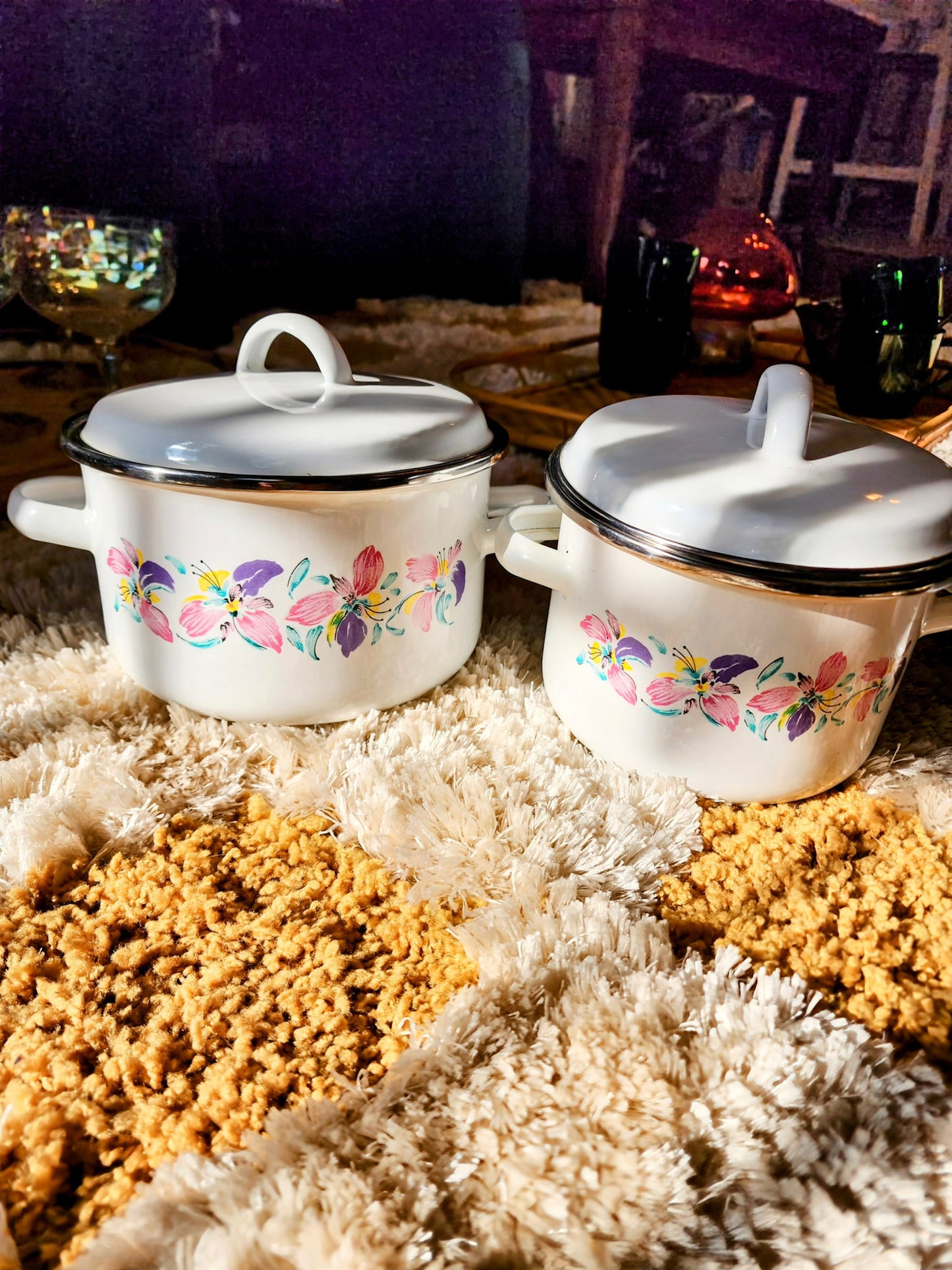 80s Vintage White Floral Enamel Cannister Pots