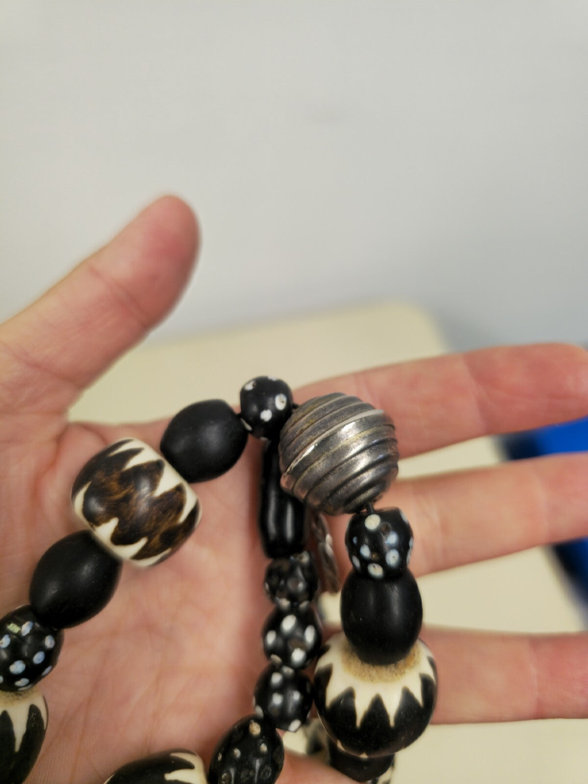 Vintage Funky African Batik Bone beaded Necklace With metal Pendant 20"
