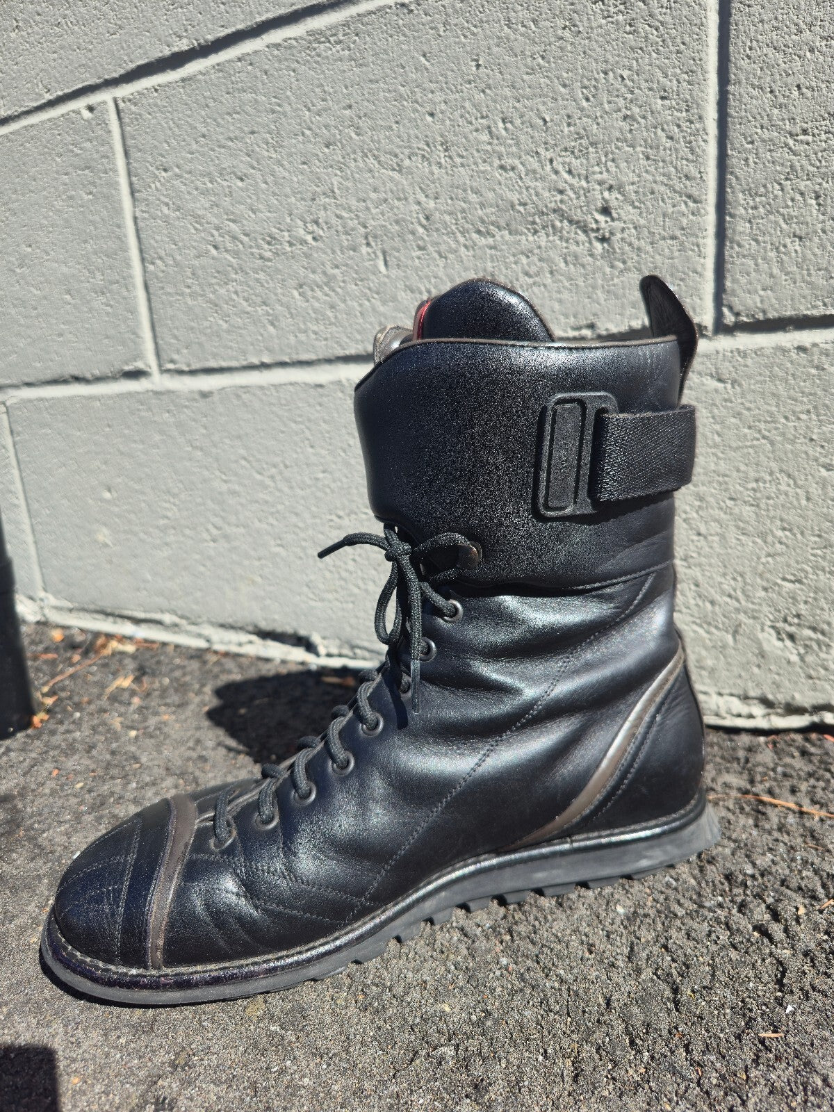 Prada Lace-up Leather Moto Combat Boots with Red Accent
