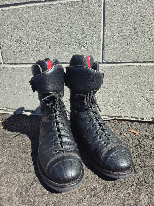 Prada Lace-up Leather Moto Combat Boots with Red Accent