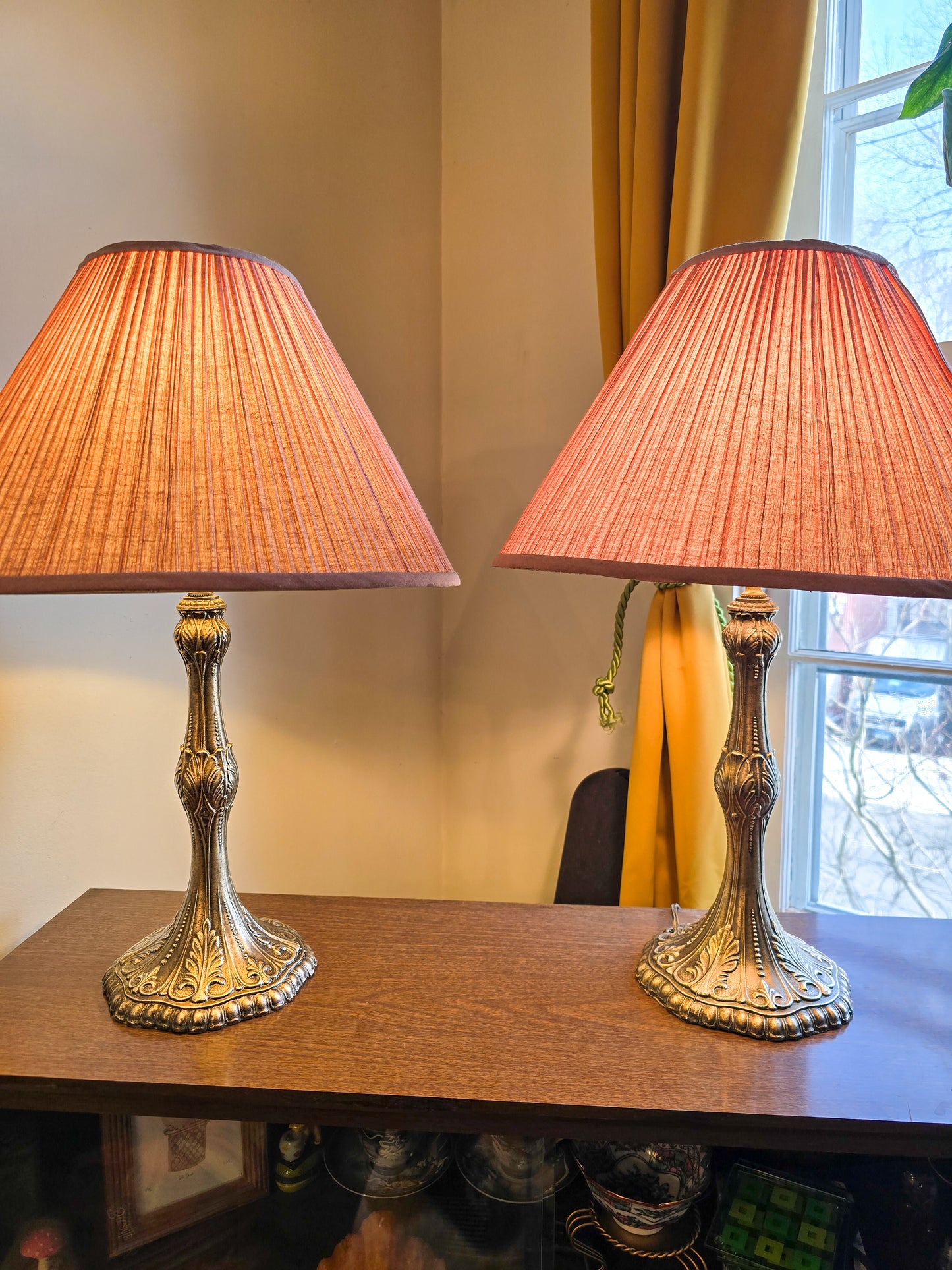 Antique Bronze Art Nouveau Table Lamps with Mauve Shades