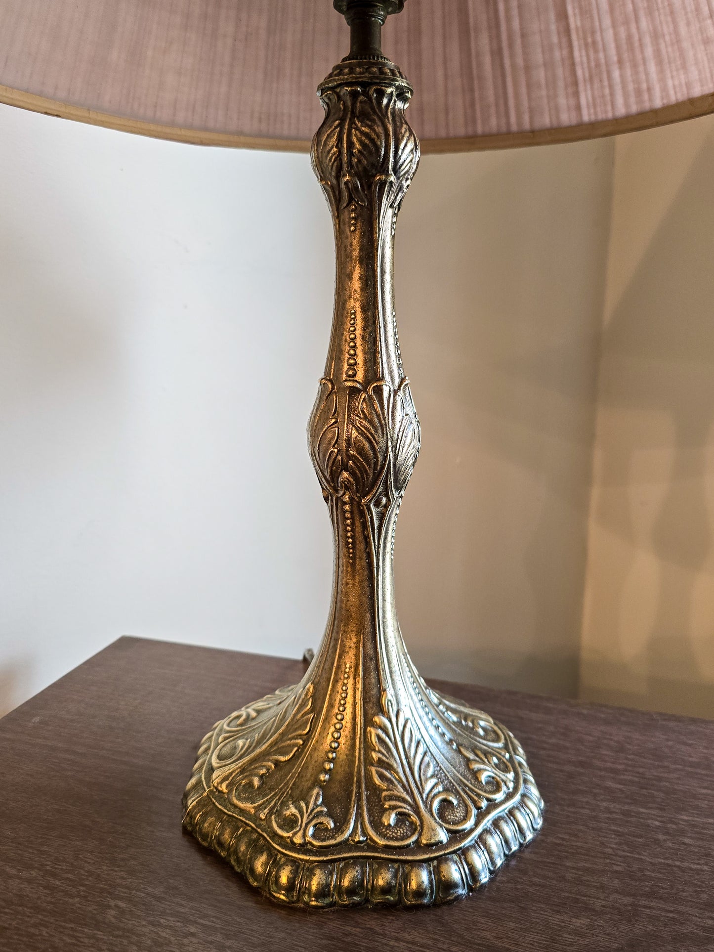 Antique Bronze Art Nouveau Table Lamps with Mauve Shades