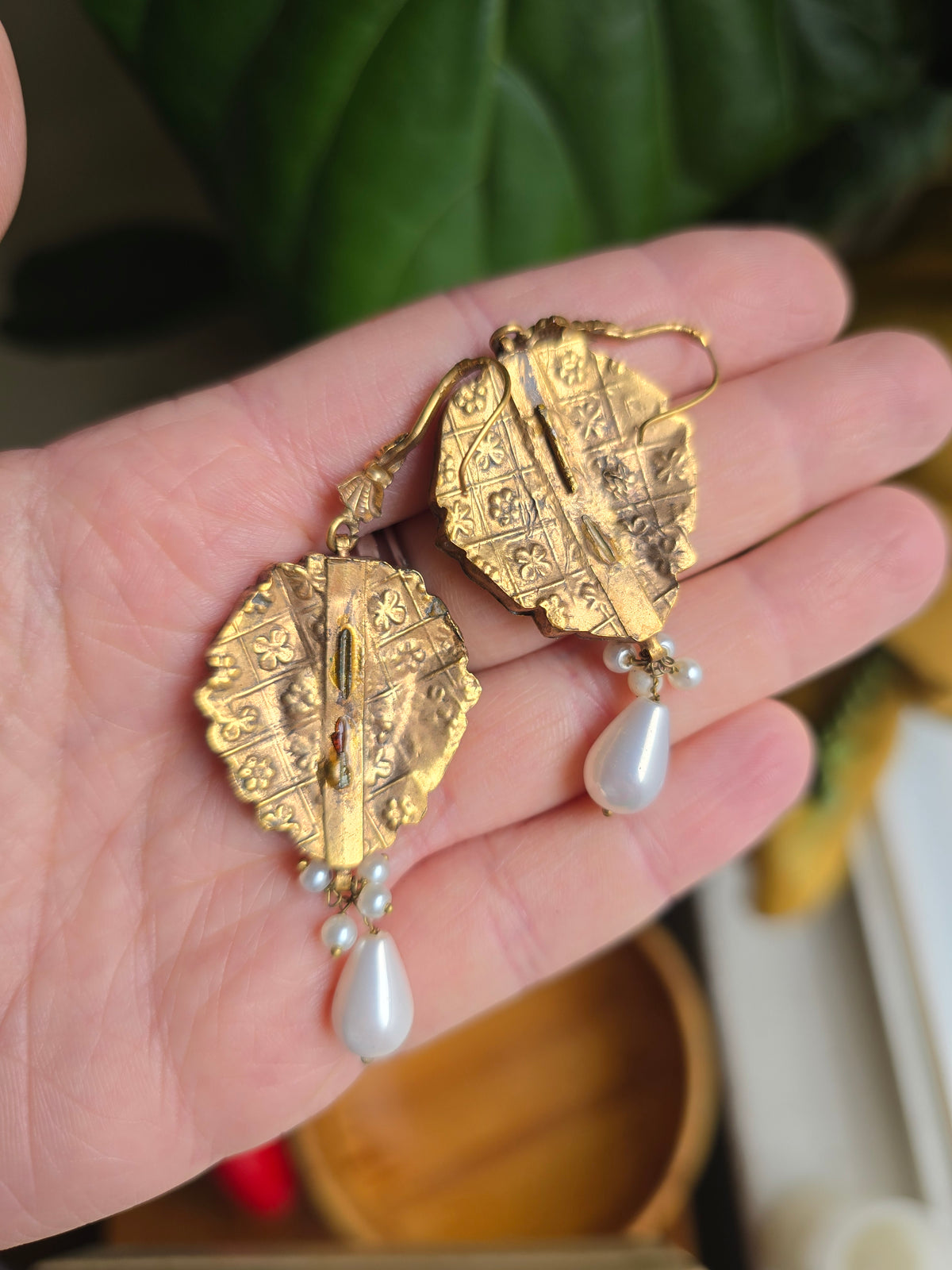 Vintage Handmade Brass Earrings with Faux Pearl Accents