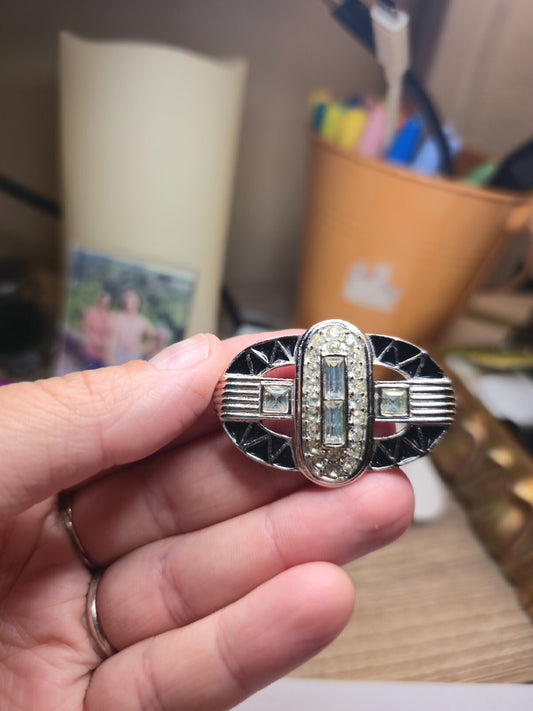 Givenchy Vintage Art Deco Silb Brooch Crystals and Enamel Silver Tone