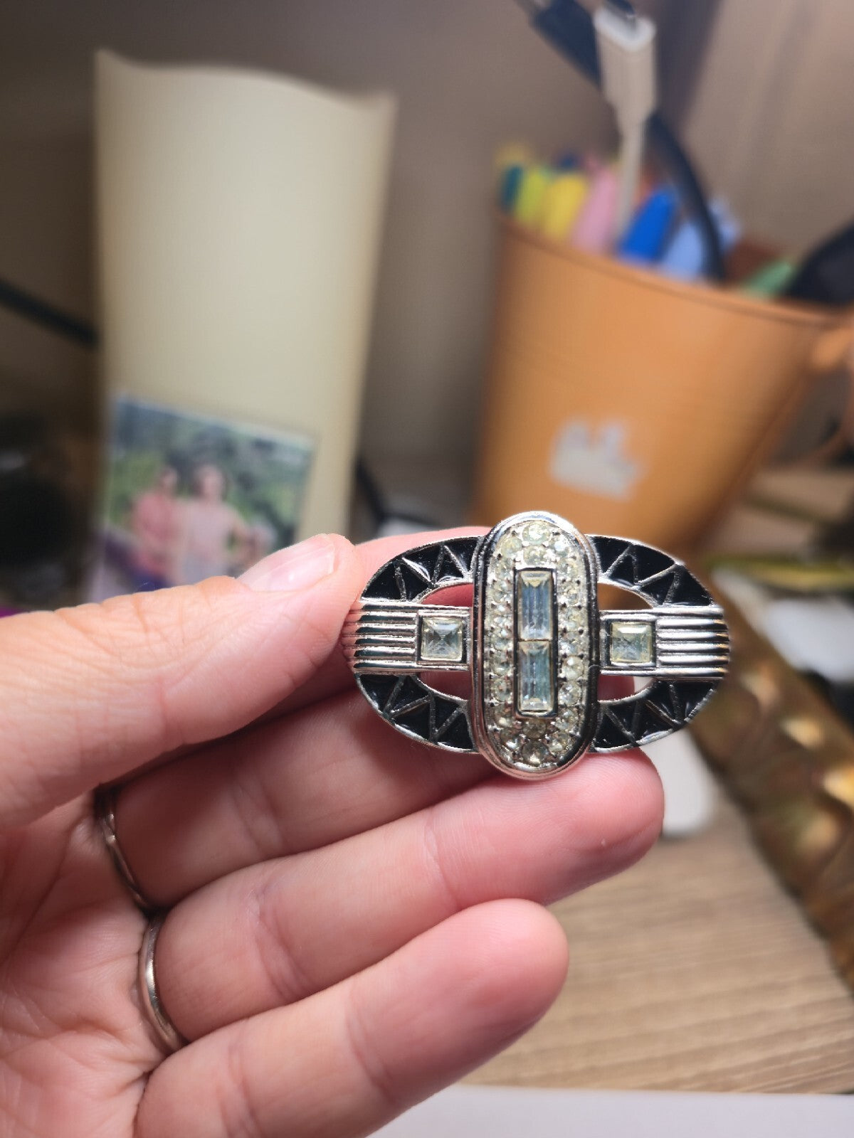 Givenchy Vintage Art Deco Silb Brooch Crystals and Enamel Silver Tone