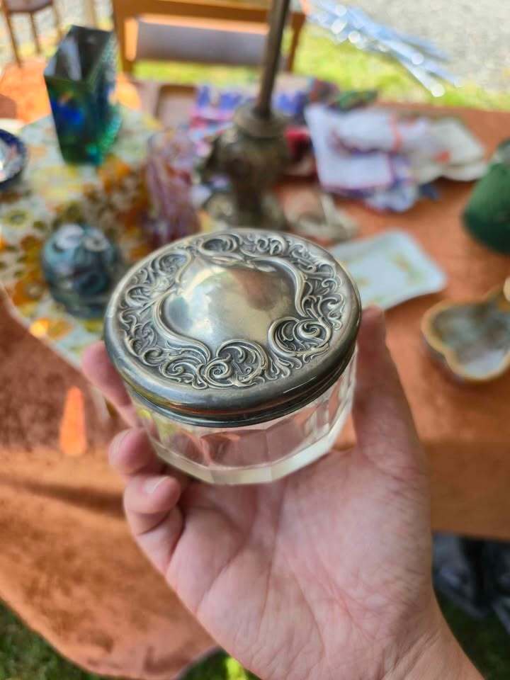 Art Nouveau Sterling Silver RW&S Vanity Jar with Repoussé lid cut crystal jar