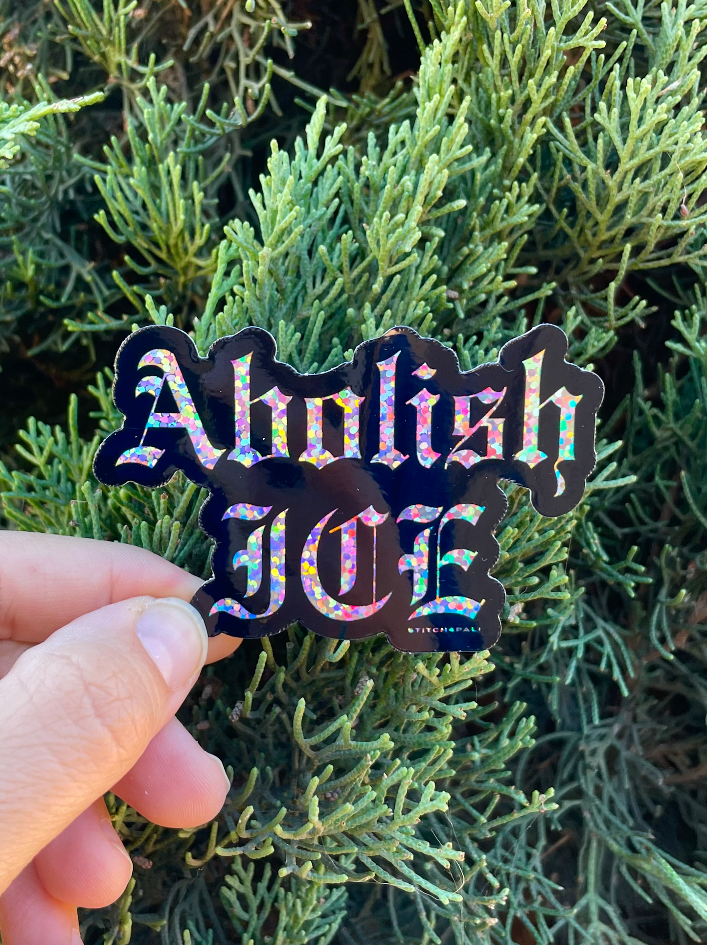 Abolice ICE glitter sticker with Old English Font