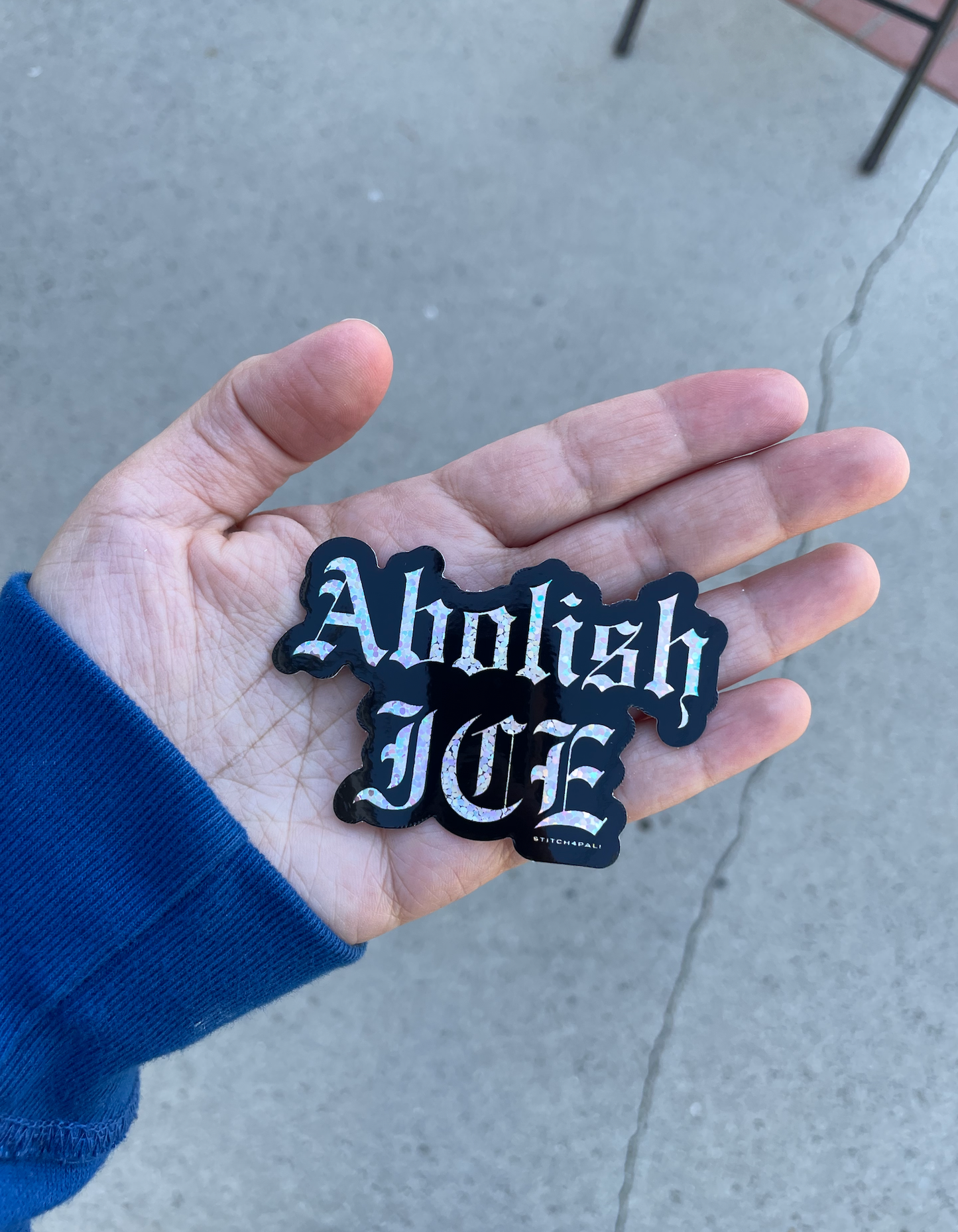 Abolice ICE glitter sticker with Old English Font