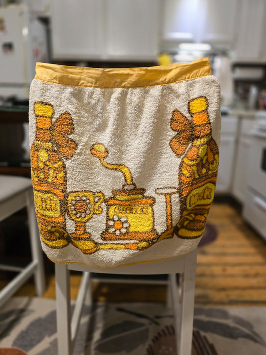 Vintage Mid-century Terry Cloth Coffee Themed Waist Apron