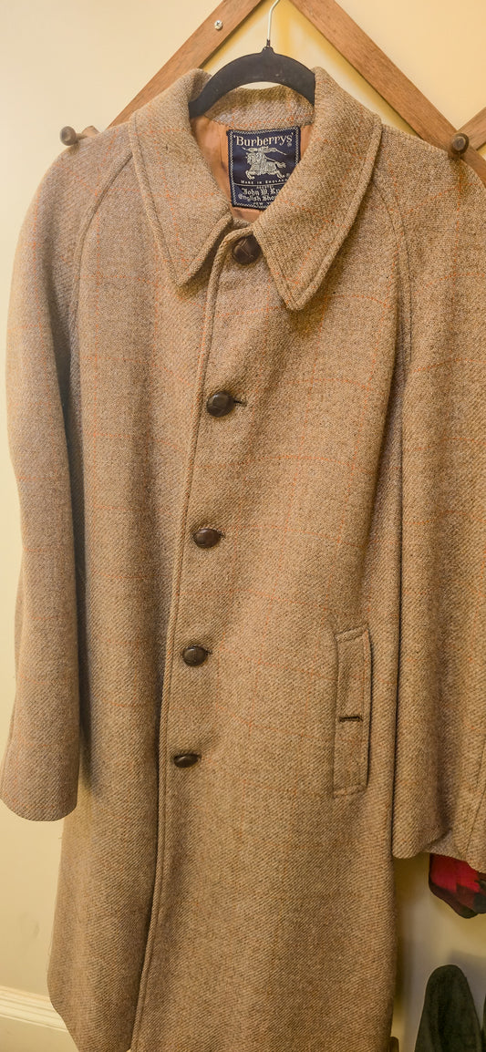1970s Burberry Tweed Wool Overcoat with Leather buttons