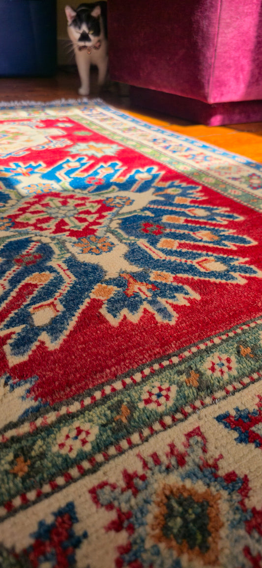 New Boho Kazak Hand knotted wool area rug 4ft x 2ft10