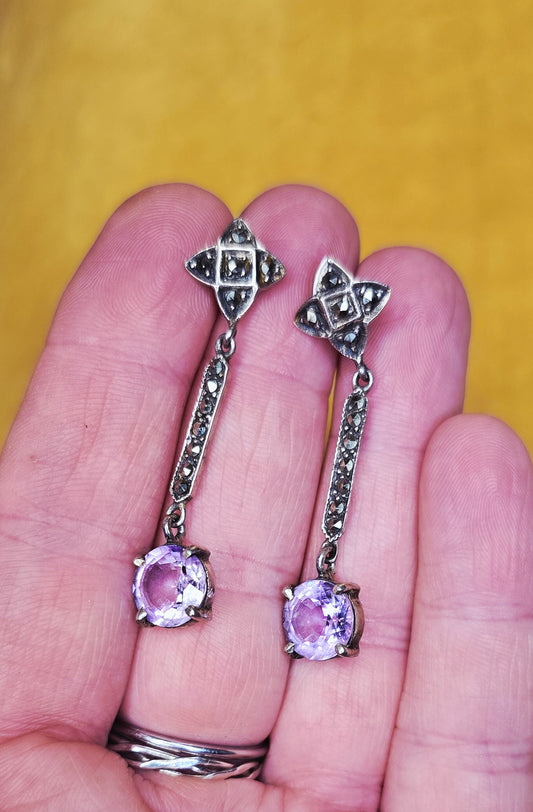 Vintage Art Deco Sterling Silver Marcasite and Amethyst Dangle Earrings 925