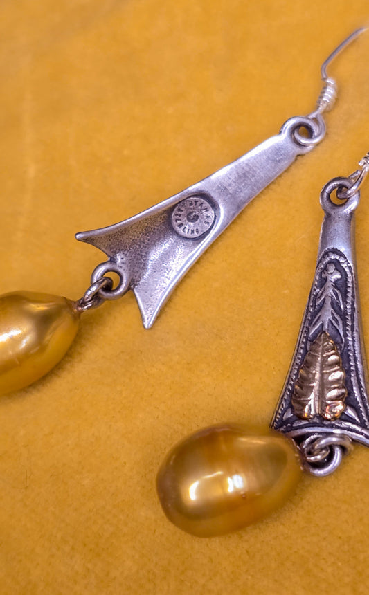 Vintage Stamas Sterling Earrings with 14k gold and Fresh Water Pearls