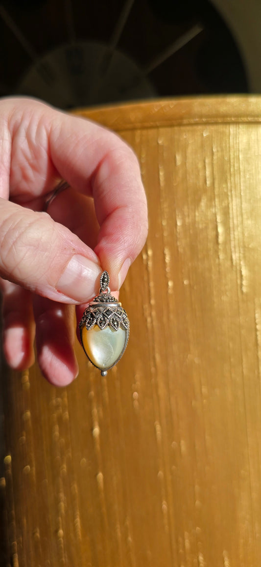 Art Deco Sterling Silver Marcasite, Black Onyx and Mother of Pearl Day and Night reversible pendant
