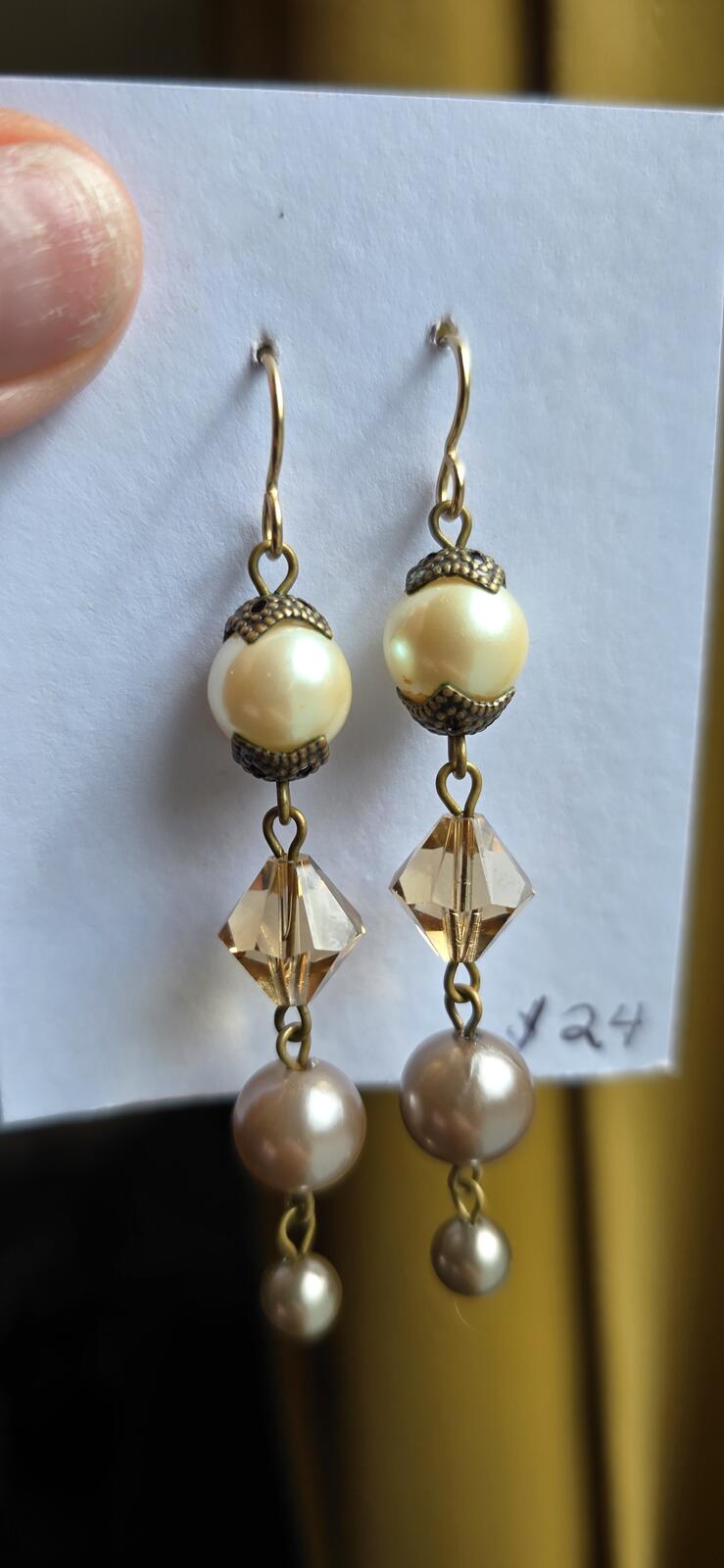 Vintage Faux Pearl and Crystal Faceted Bead Dangle Earrings