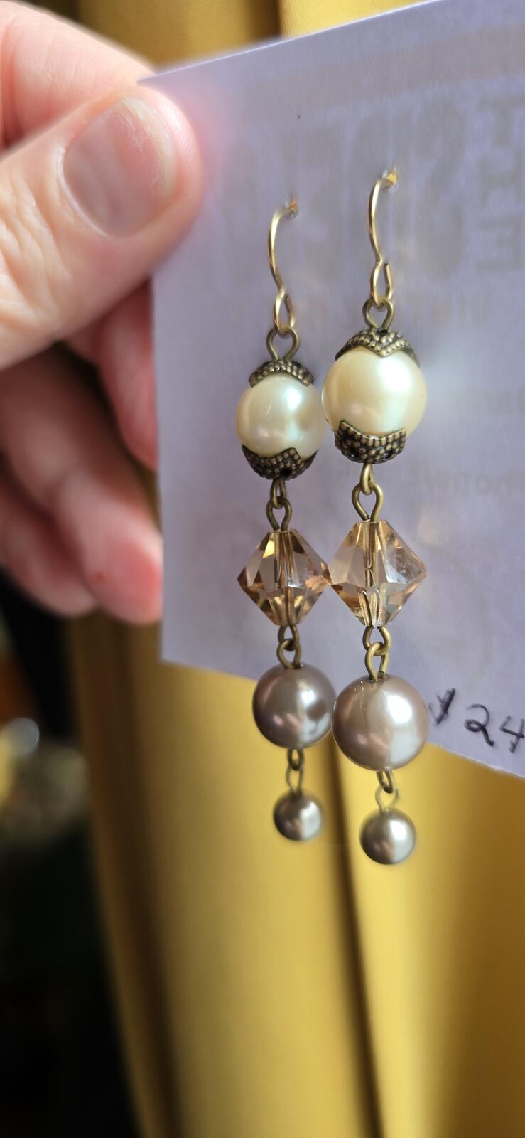 Vintage Faux Pearl and Crystal Faceted Bead Dangle Earrings