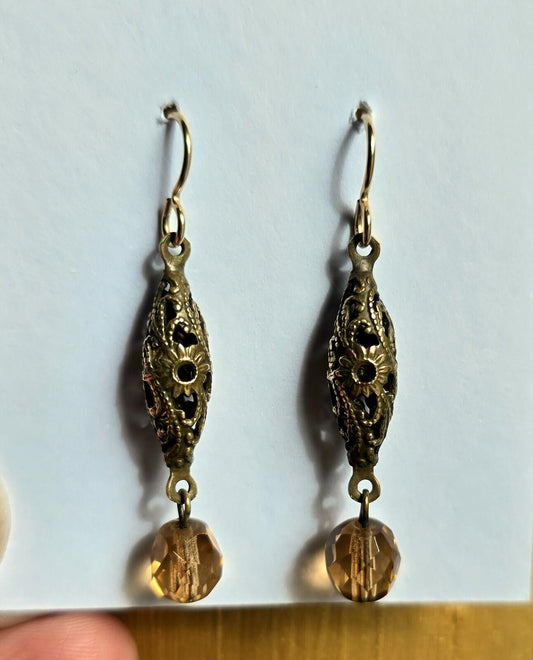 Vintage Brass Filigree and Faceted Champagne Crystal Earrings