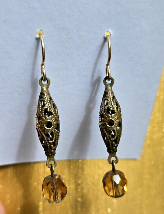 Vintage Brass Filigree and Faceted Champagne Crystal Earrings
