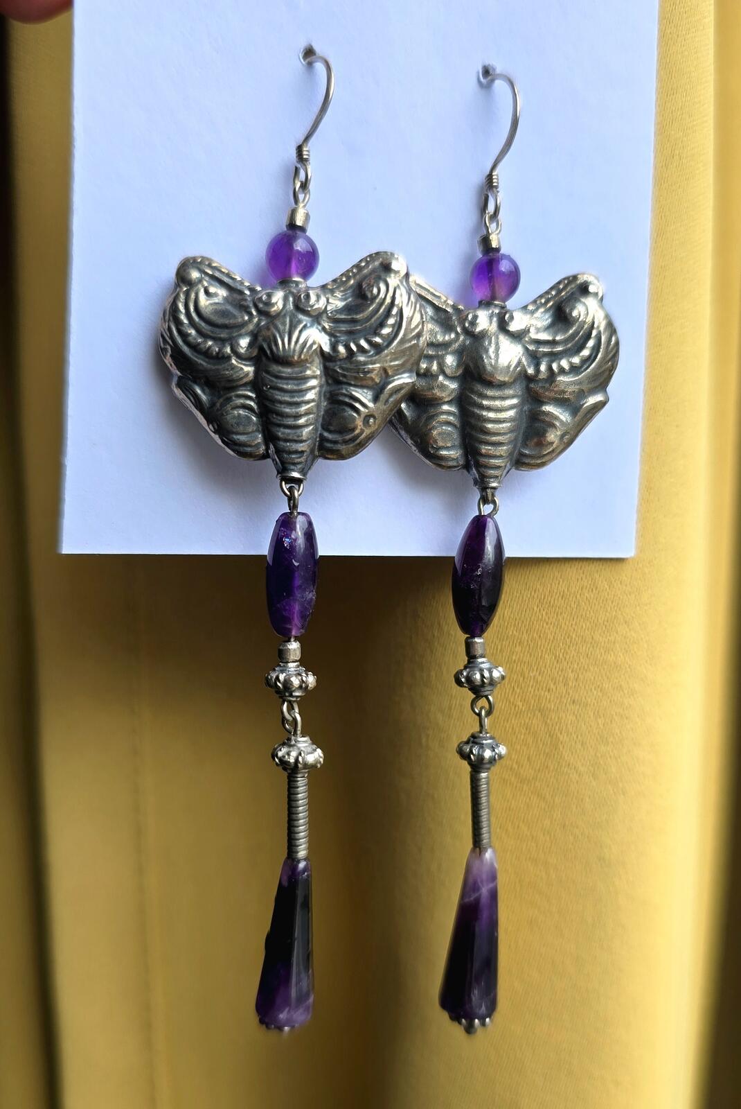 Vintage Sterling Silver Hand hammered Death Moth and Amethyst Earrings