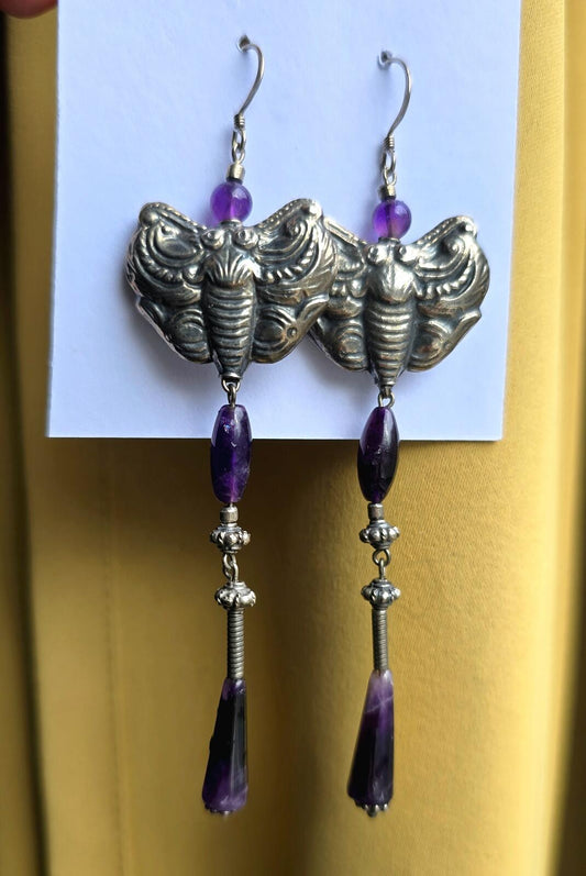 Vintage Sterling Silver Hand hammered Death Moth and Amethyst Earrings