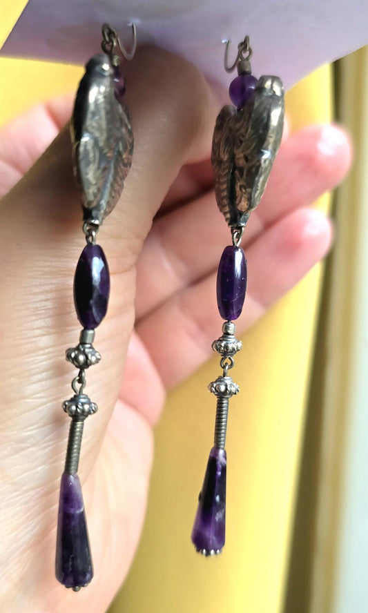 Vintage Sterling Silver Hand hammered Death Moth and Amethyst Earrings