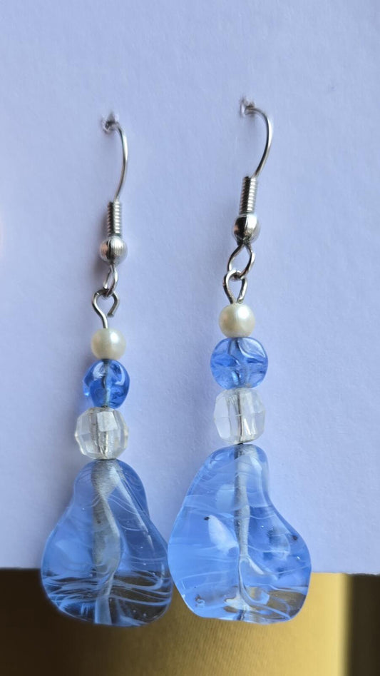 Vintage Icey Blue Glass Bead Dangle Earrings with Faux Pearl