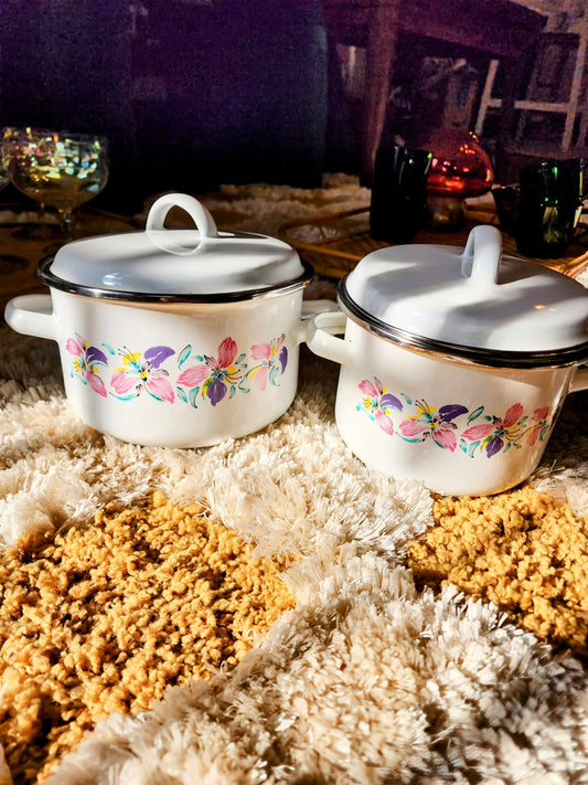 80s Vintage White Floral Enamel Cannister Pots