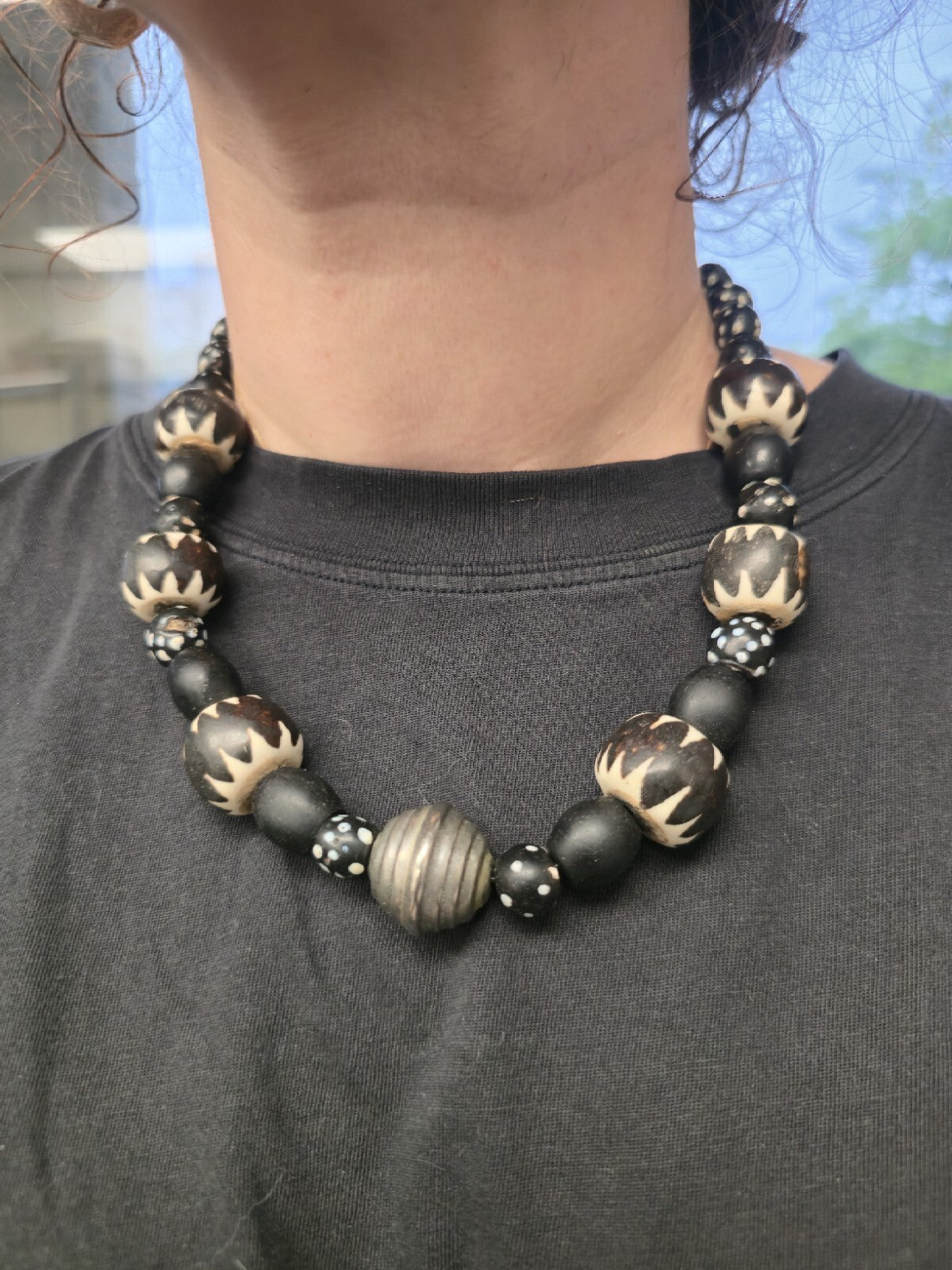 Vintage Funky African Batik Bone beaded Necklace With metal Pendant 20"