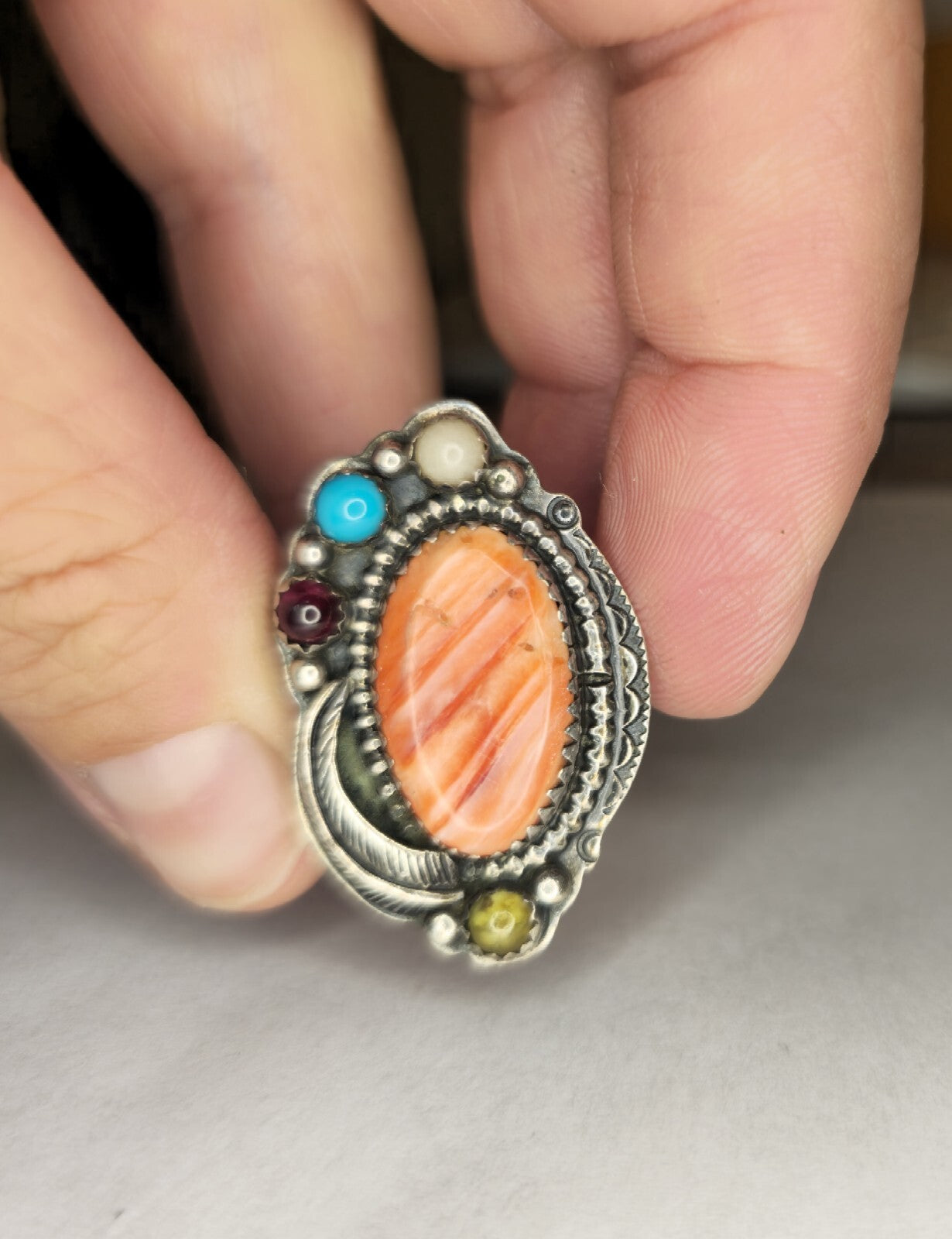 Native American Style Spiney Oyster And Turquoise sterling Silver Ring