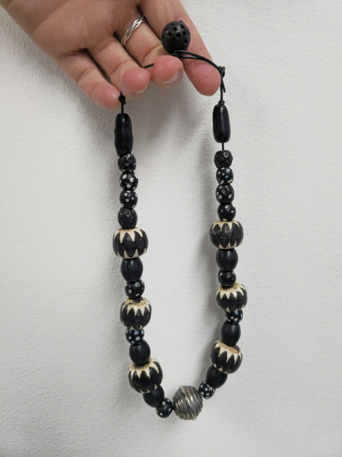 Vintage Funky African Batik Bone beaded Necklace With metal Pendant 20"
