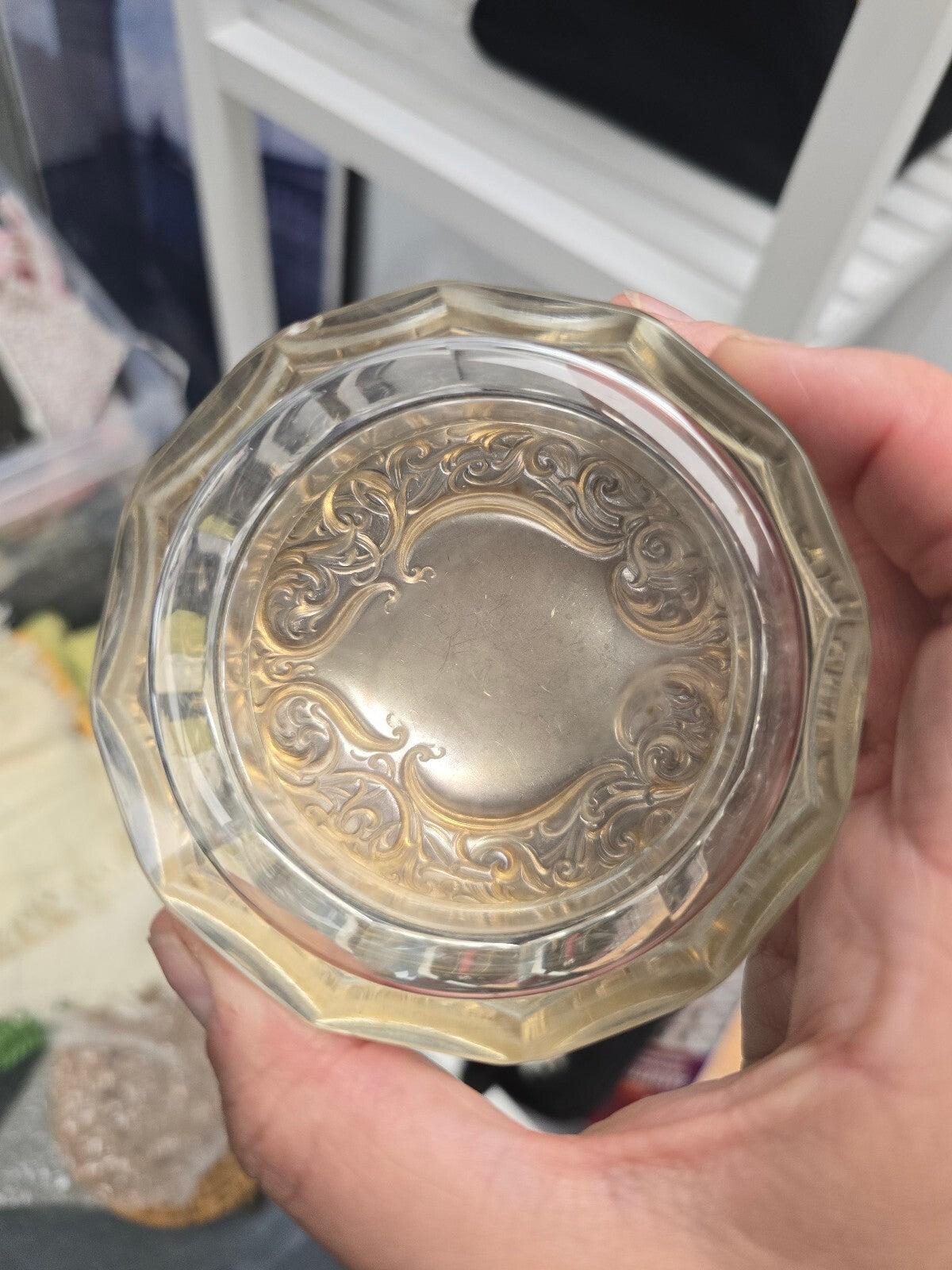 Art Nouveau Sterling Silver RW&S Vanity Jar with Repoussé lid cut crystal jar
