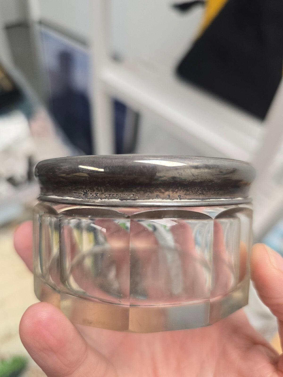 Art Nouveau Sterling Silver RW&S Vanity Jar with Repoussé lid cut crystal jar