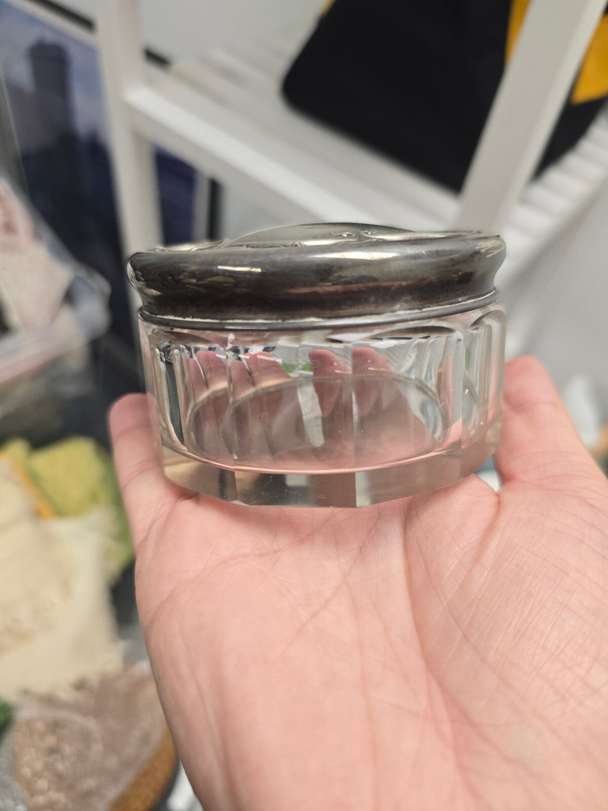 Art Nouveau Sterling Silver RW&S Vanity Jar with Repoussé lid cut crystal jar