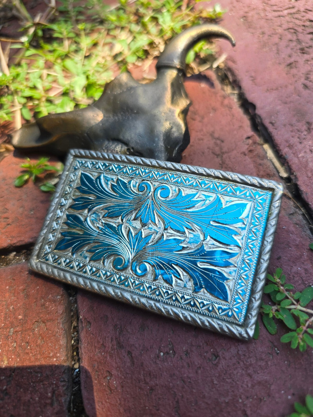 1970s Western Vintage Silver Tone and Teal Scrollwork Belt Buckle
