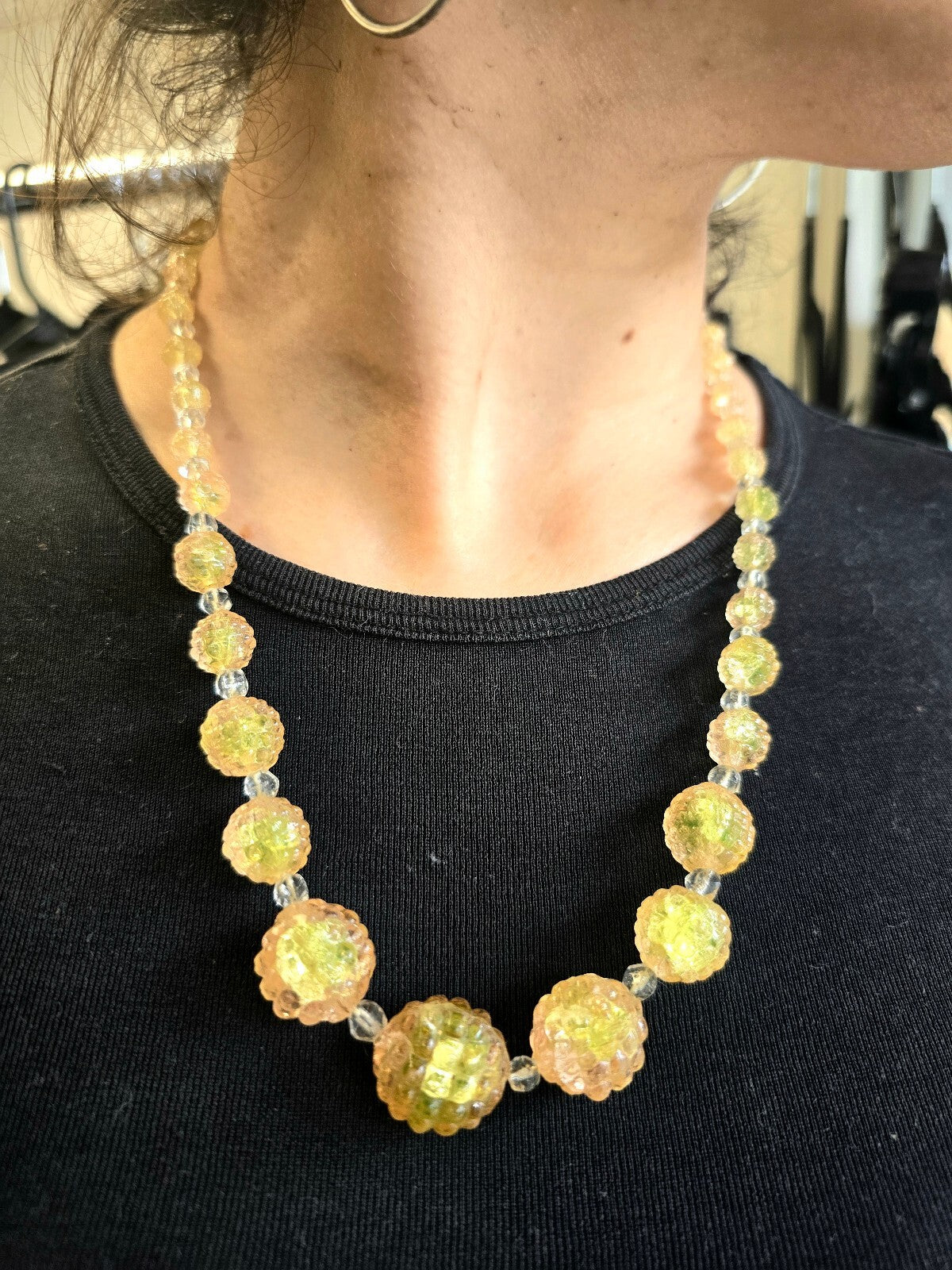 Art Deco Czech Uranium Vaseline Glass Beaded Necklace