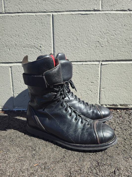 Prada Lace-up Leather Moto Combat Boots with Red Accent