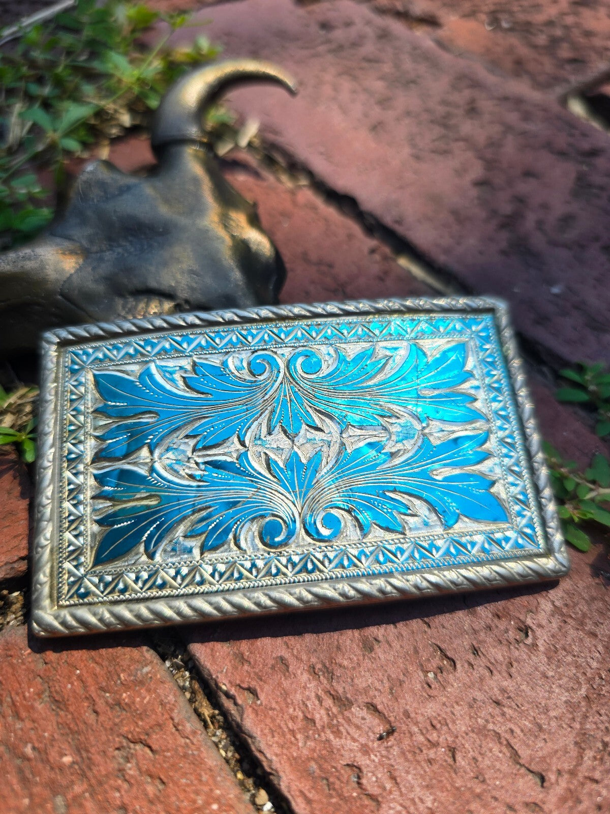 1970s Western Vintage Silver Tone and Teal Scrollwork Belt Buckle