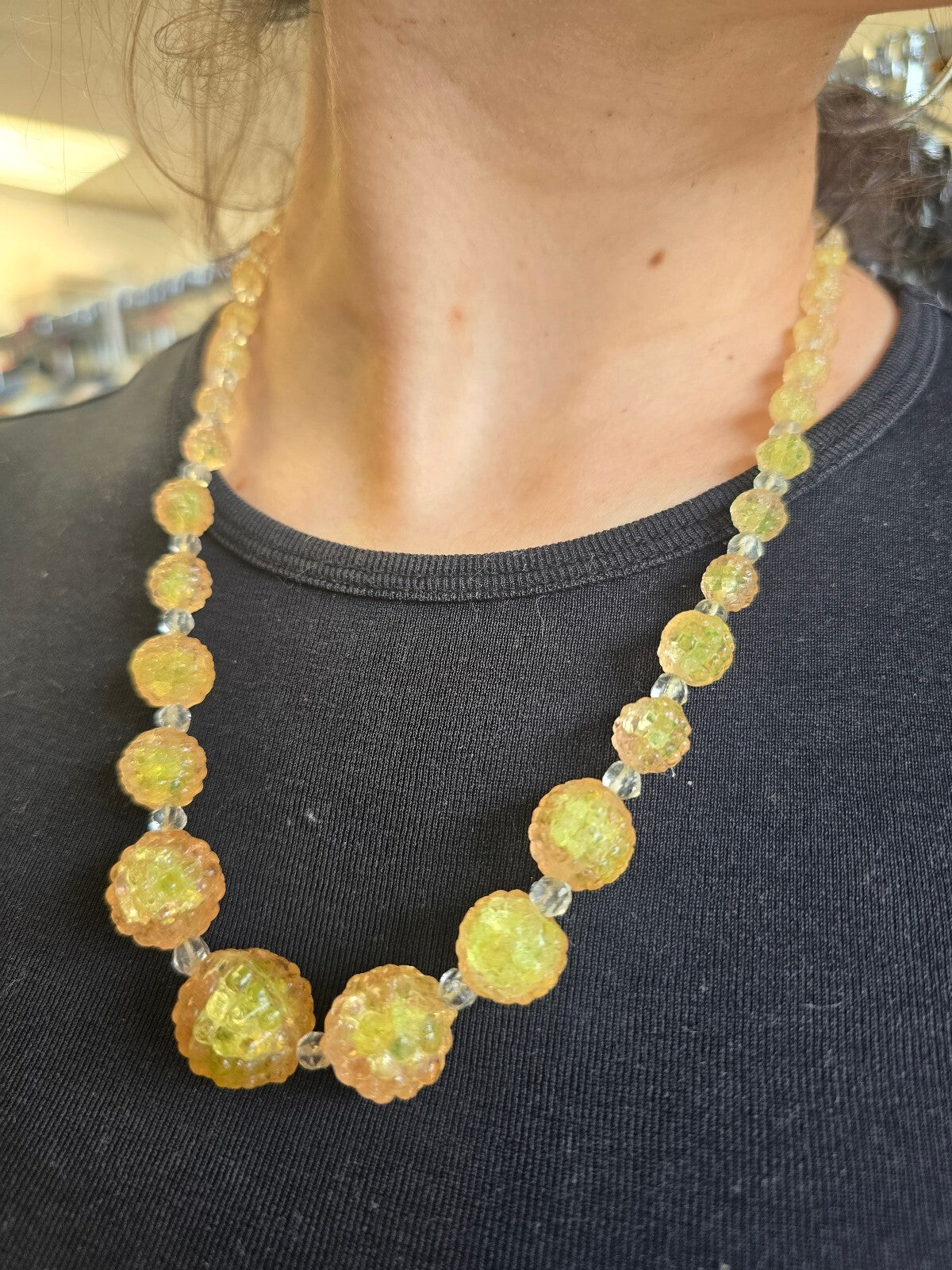 Art Deco Czech Uranium Vaseline Glass Beaded Necklace