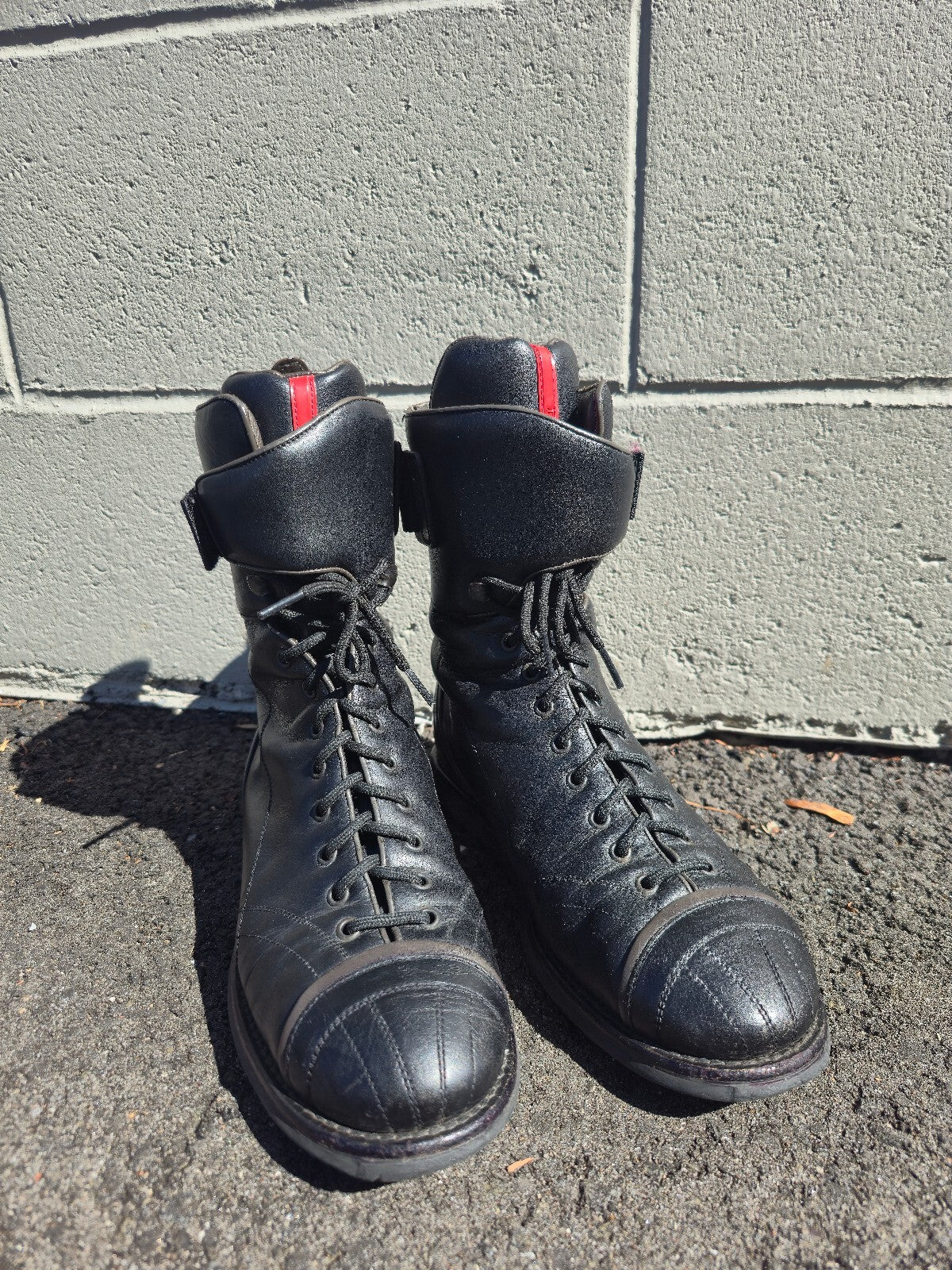 Prada Lace-up Leather Moto Combat Boots with Red Accent