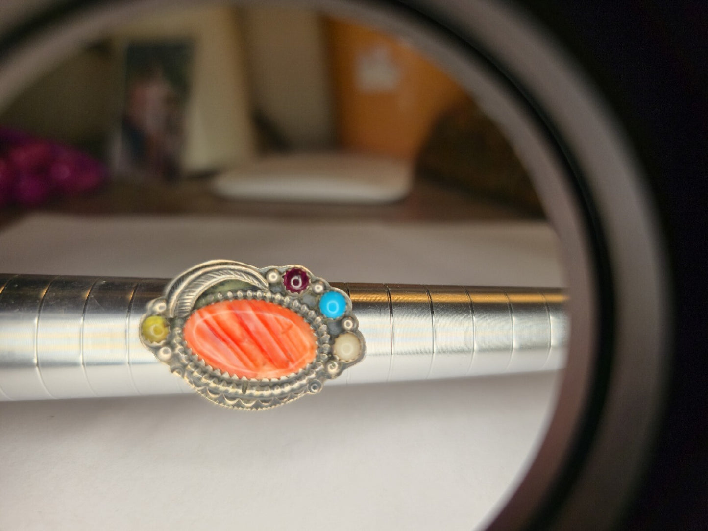 Native American Style Spiney Oyster And Turquoise sterling Silver Ring
