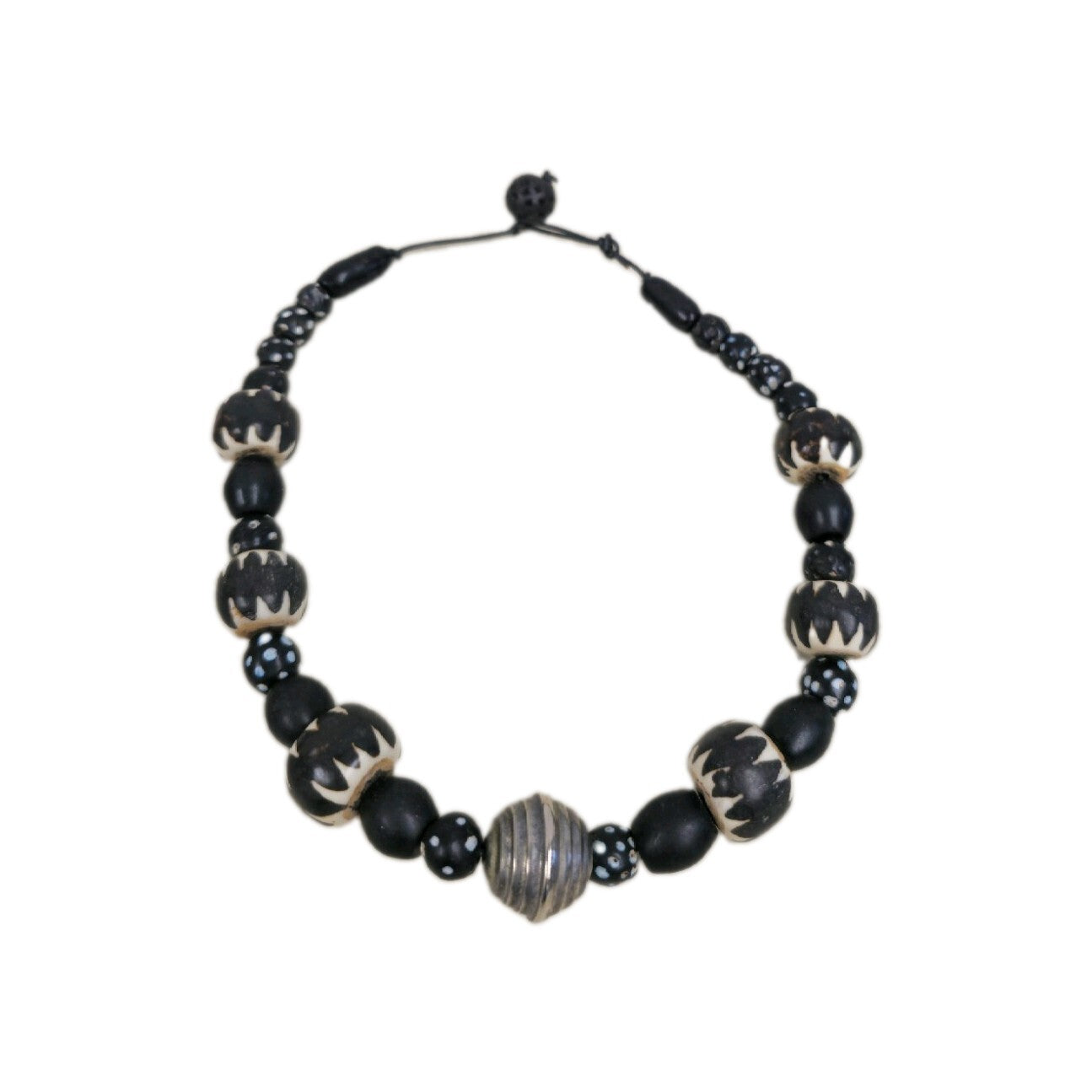 Vintage Funky African Batik Bone beaded Necklace With metal Pendant 20"