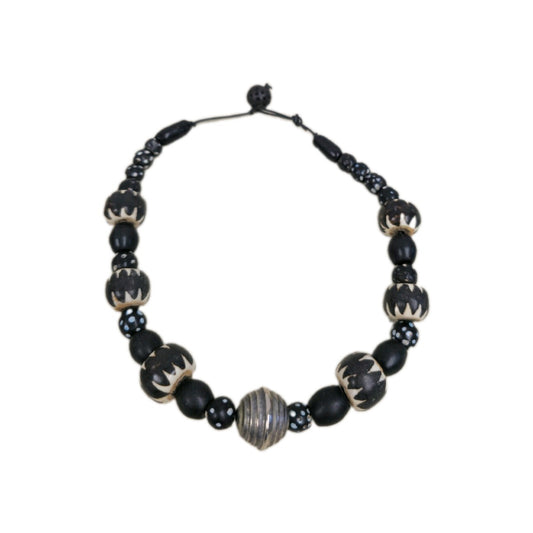 Vintage Funky African Batik Bone beaded Necklace With metal Pendant 20"